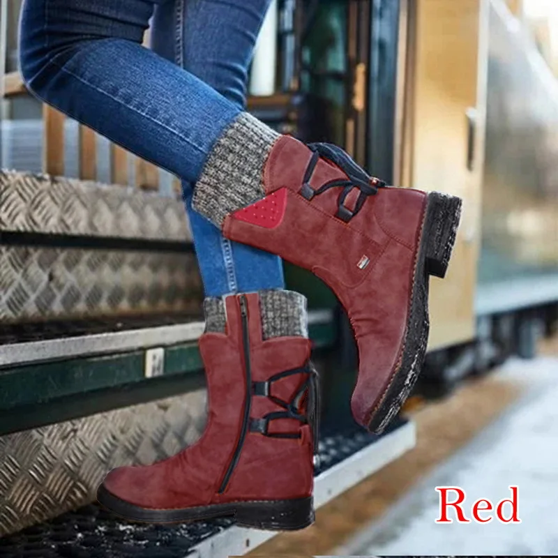 MoneRffiWomen's Mid Calf Boots Winter Woman Warm Zip Snow Boots Female PU Leather Solid Sewing Platform Shoes Women Causal Boots - Цвет: red