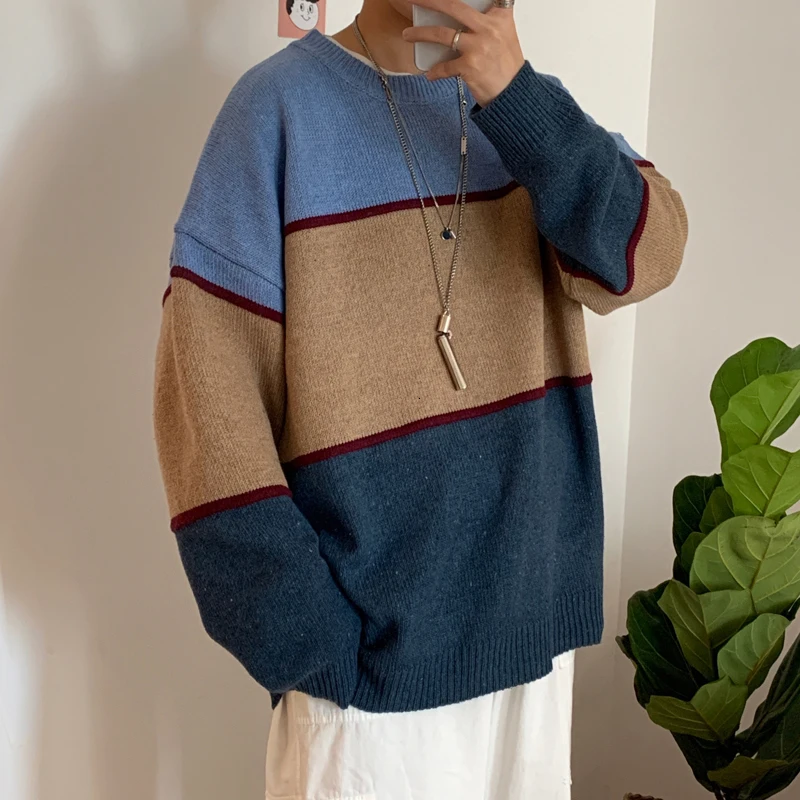 Winter Sweater Men's Warm Contrast Color Casual Knit Pullover Man Sweter Clothes Wild Loose Long-sleeved Sweater Men M-XL Winter Sweater Men's Warm Contrast Color Casual Knit Pullover Man Sweter Clothes Wild Loose Long-sleeved Sweater Men M-XL