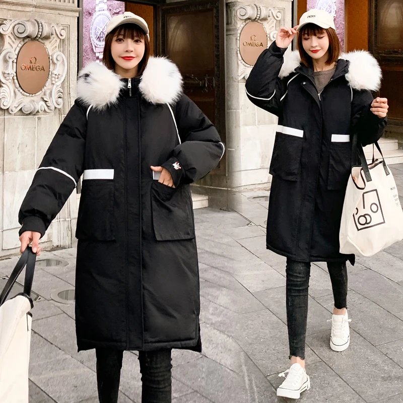 AYUNSUE новая зимняя куртка женская парка Корейская Свободная куртка с вышивкой Женские пальто зимние парки с большим меховым воротником 888
