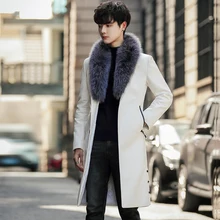 Зимние мужские длинные кожаные тренчи, пальто, роскошный меховой воротник, толстая Мужская куртка и пальто, черные белые мужские пальто, облегающие, Размер 3XL