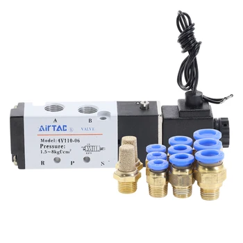 

4V110-06 5 Way 2 Position 1/8" Pneumatic Solenoid Valve with wire DC12V DC24 AC110 AC220V with 4mm/6mm/8mm Fitting