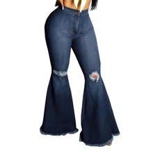 LITTHING модные джинсовые расклешенные брюки женские Ретро рваные джинсы Широкие брюки леди случайный звонок-низ расклешенные брюки женские