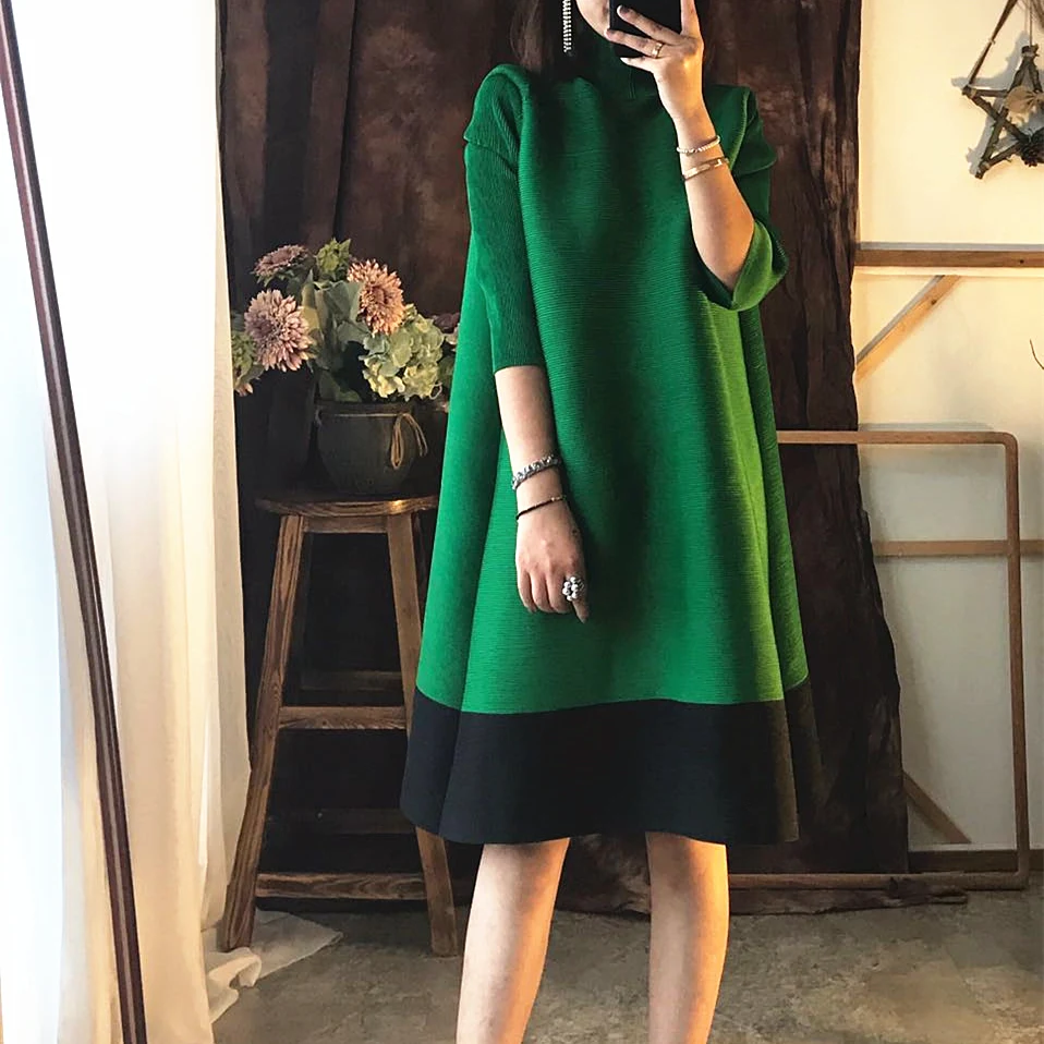 Pleated new early autumn Korean large women's temperament 7-sleeve A-line dress women's medium length