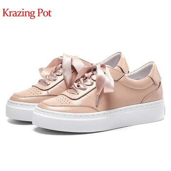 

Krazing pot genuine leather breathable ribbon lace up round toe med heels wedges women casual streetwear vulcanized shoes L37