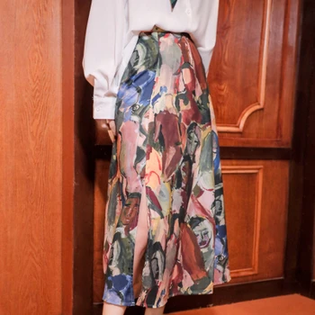 

Korea Fall Long Skirts Womens Impressionism Print High Waist A Line Ladies Midi Skirts Autumn Clothing V034