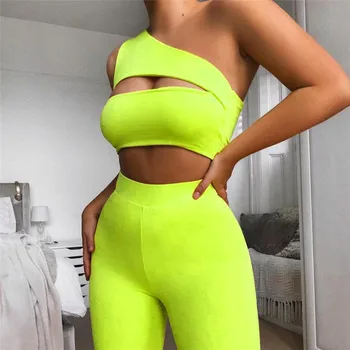 

Sexy Two Piece Set Solid Color Hollow Out Backless Sports Suit Women Tracksuit One Shoulder Crop Tops and Shorts Neon Outfit