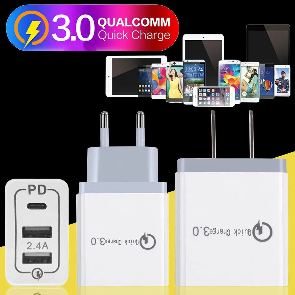 2 порта USB PD3.0 QC3.0 быстрое зарядное устройство 2.4A Type C PD настенное кабель