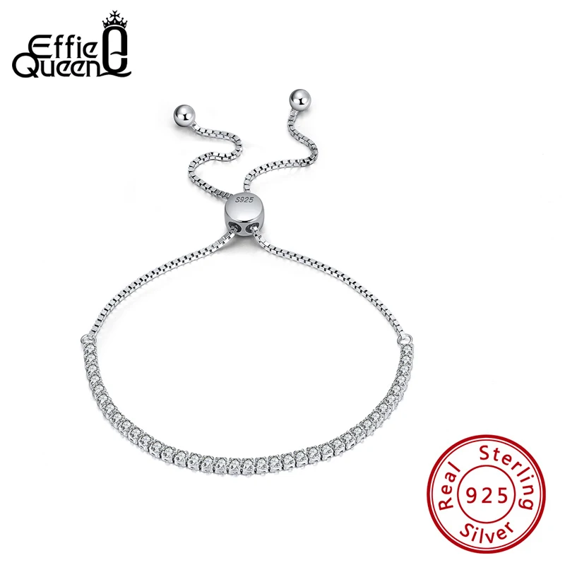 

Effie Queen Real Sterling Silver Women Bracelets Clear Stone CZ Box Chain Adjustable Tennis Bracelet Silver 925 Jewelry BB43