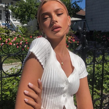 

Cryptographic Botton White Sexy Women Tops Tee Shirt Slim Female Solid Short Sleeve Cropped Tops Knitted Short Streetwear