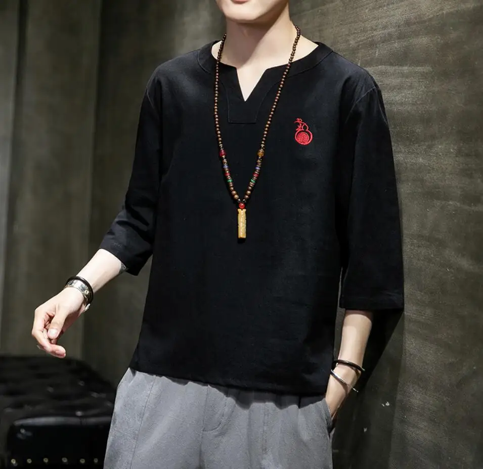 

Sinicism Store Men Cotton Embroidery O-Neck T Shirt Men's Summer Casual Vintage T Shirts Male Clothes Chinese Style