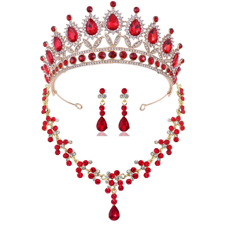 Crystal Bridal Jewelry Sets for Women Pink Tiaras Necklaces Earrings Set