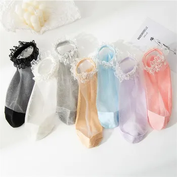 

Flowers Lace Ladies Sheer Socks Transparent Thin Crystal Silk Elastic Cotton Sole Elegant Women Short Socks New Girls Hosiery