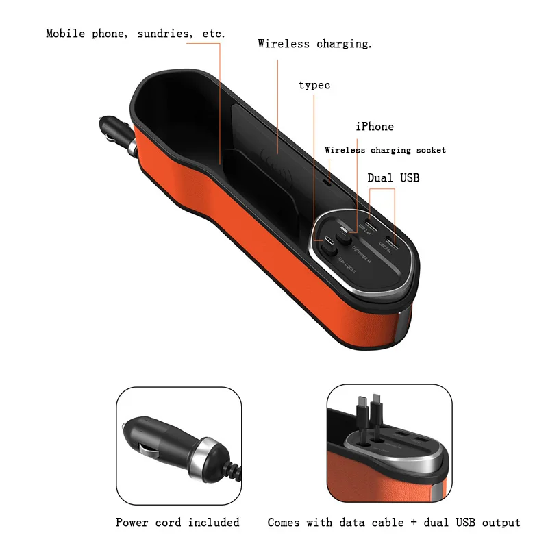 kabellose Ladebox für Autositze mit Schlitzen und Kabel für Autoladegerät, Aufbewahrungsbox zum schnellen Laden_voghion.com