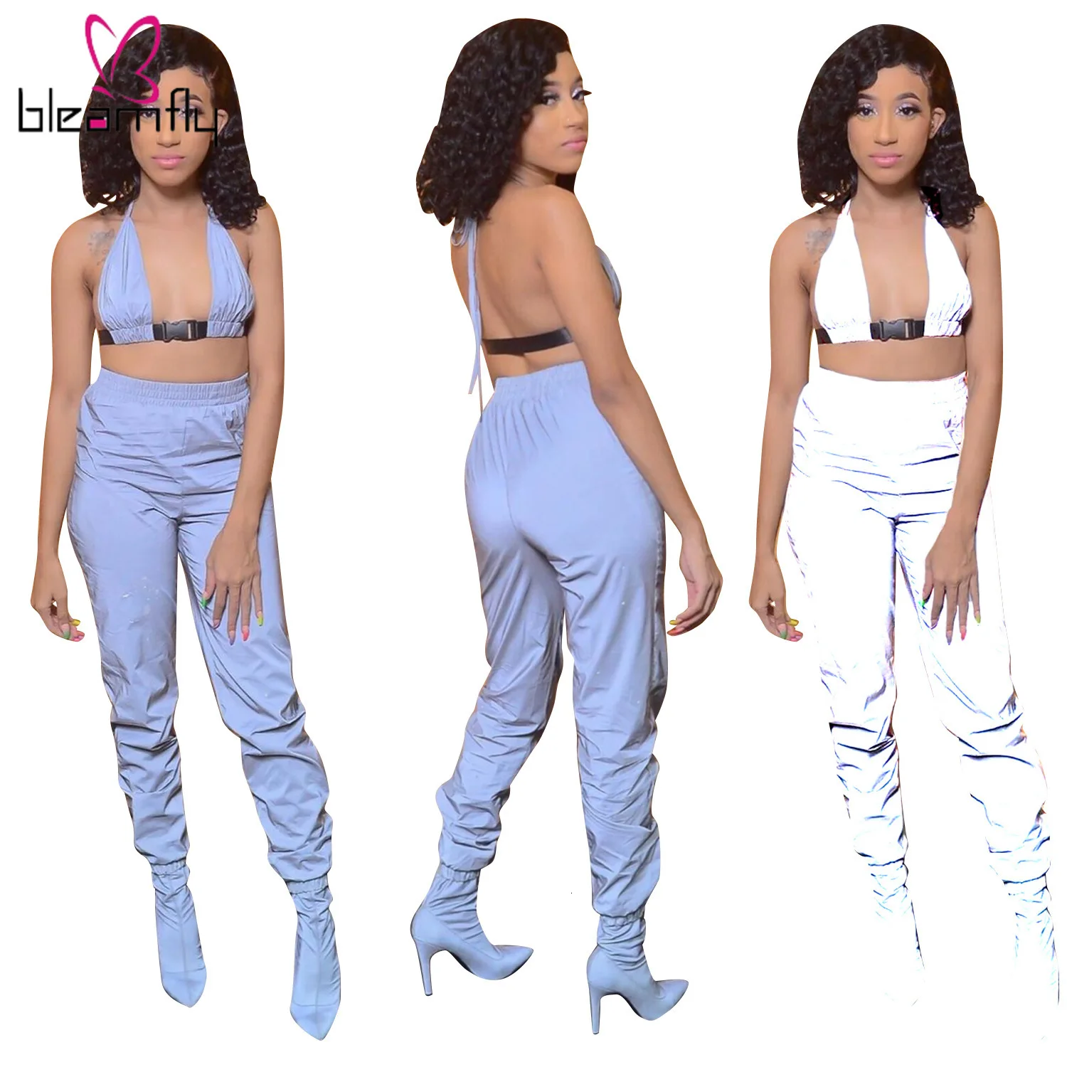 2019 Women Summer New Reflective Halter Crop Top & Slim Pants Suit Two Piece Set Casual Sporting Tracksuit Fashion Sexy Outfits | Женская