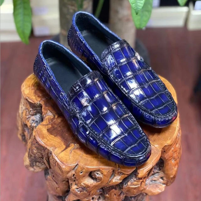 Sipriks Luxury Real Crocodile Skin Loafers Mens Comfort Driving Shoes Navy Blue Smoking Shoes Slip