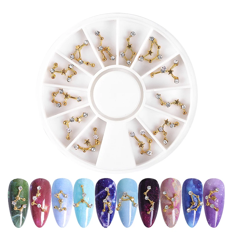 

12 Constellation Series 3D Alloy Gold Nail Art Rhinestones Stones Jewelrys Nail Decorations In Wheel DIY UV Manicure Accessories