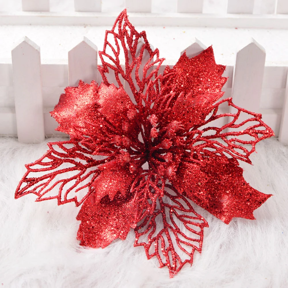 red 16cm Большие искусственные цветы для рождественского декора, блестящие Искусственные цветы Poinsettia, сделай сам, украшение для дома, Рождества, Нового года, цветок для свадьбы - Цвет: red 16cm