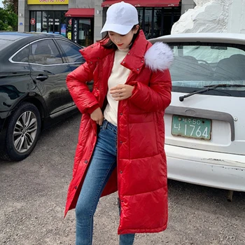 

Glossy Hooded Long Down Coats Women Winter Solid Fur Warm Down Jacket Female Casual Plus Size Cotton Outerwear Streetwear Jacket