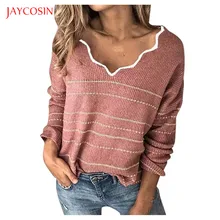 Joycosin, осенне-зимний женский свитер, Повседневный, однотонный, в полоску, Вязанный свитер, с жемчужным воротником, женские новые модные топы