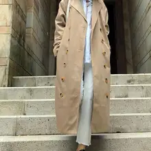 Nordic Women Trench Coat Black/ Khaki Overcoat Casual Cotton Double Breasted Long Women Trench Jacket with Belt