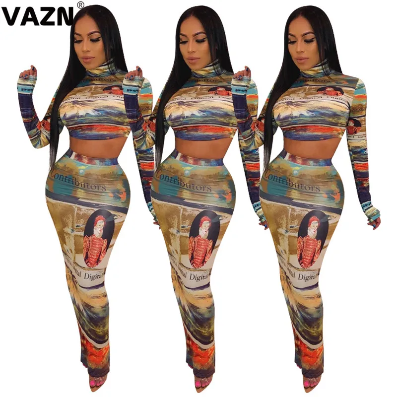 VAZN QM3866 стиль наряды выдалбливают сексуальный клуб винтажное платье-водолазка с длинными рукавами женские макси юбки комплект из 2 предметов - Цвет: Многоцветный