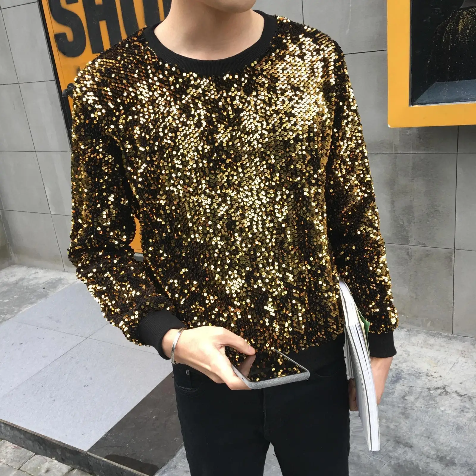 

Camiseta Papai Noel Casual T Shirt Men Streetwear Hip Hop Punk Gothic Tshirt Stage Tees Shirt Long Sleeve Gold Golden Shining