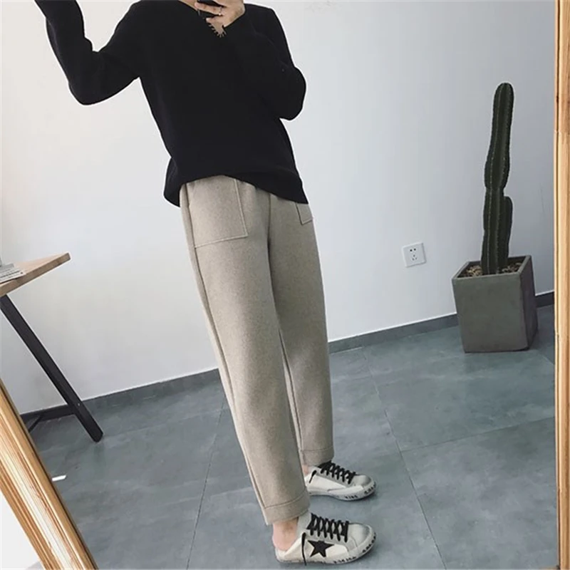 BGTEEVER Autumn Winter Thicken Pants Women Elastic Waist Pockets Woolen Female Pencil Pant Elegant Warm Trousers femme