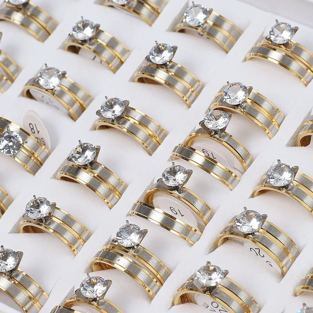 Wholesale 12Sets Cubic Zircon Stainless Steel Rings Men Women Wedding Jewelry FREE Shipping 3