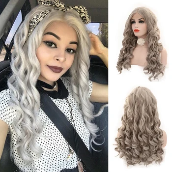 

AIMEYA Middle Part Light Gray Long Body Wave Synthetic Lace Front Wig for Women Half Hand Tied Glueless Cosplay Hair Lace Wigs