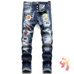 DSQ2 pantalones vaqueros elásticos ajustados para hombre, Jeans rasgados DSQ, Jeans de Hip Hop para motorista