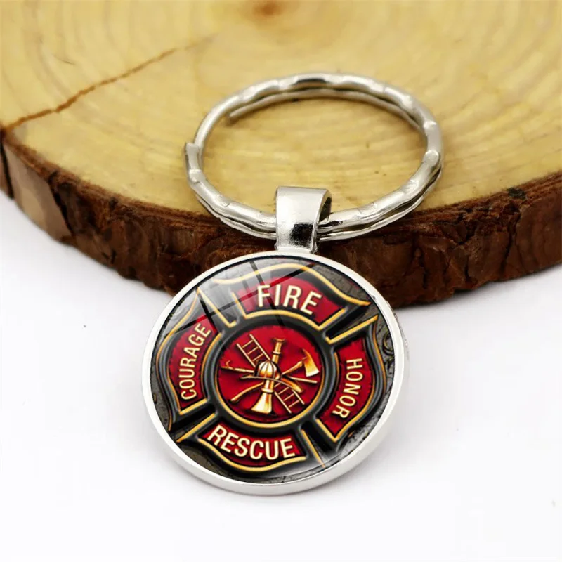 Rescue Firefighter Keychain Glass Cabochon Fireman Jewelry Accessories Symbol Metal Rings Keyholder | Украшения и аксессуары