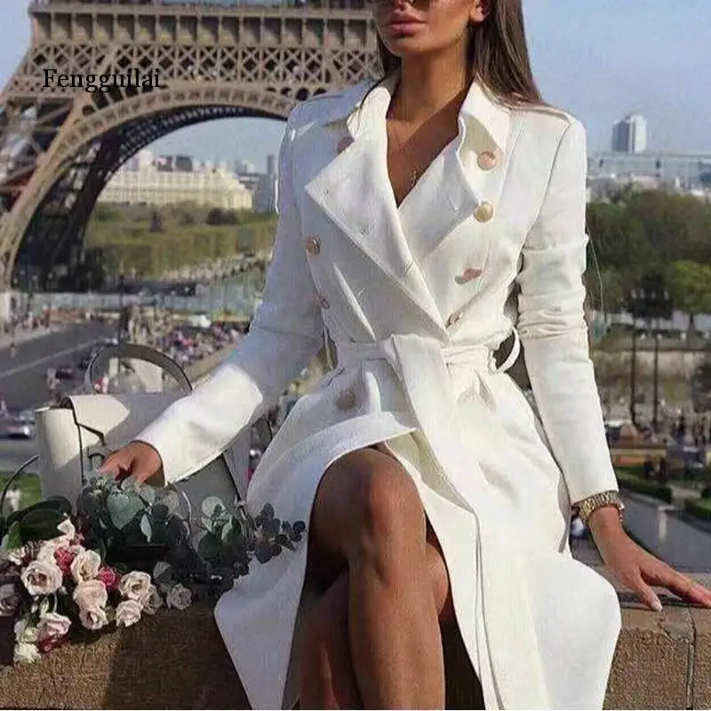 Vintage double breasted white trench women coat Sashes slim long trench female Winter office solid trench