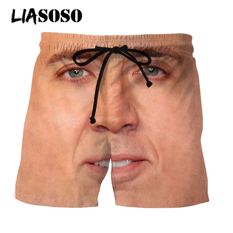 LIASOSO 3D Print Unisex Movie Star Nicolas Cage Face Men's Shorts Beach Casual Boardshorts Trousers Baggy Sport Joggers Funny casual shorts for men