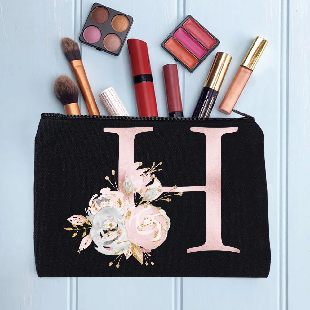 Women's Cosmetic Makeup Bags Female Organizer Pink Flower 26 Letters School Pencil Cases Carrying Bag for Coin Purse