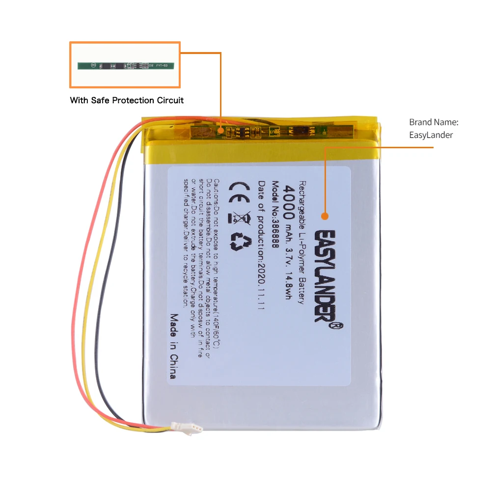 Фото 3 провода 386888 3,7 V 4000MAH полимерный литий-ионный аккумулятор Ror Onyx Book Ceasar 2 DARWIN 3/4/5/6 электронная книга Vasco De Gama PH386888PL №3