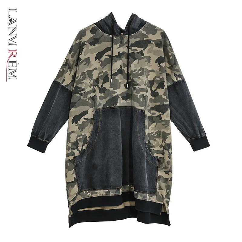 LANMREM 2020 джинсовое платье в стиле пэчворк камуфляжная кофта с капюшоном Толстовка