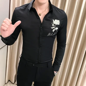 

Men's Embroidered Shirt Long Sleeve White & Black Wedding Party Dress Shirt size S-XXXL male Camisa 2019