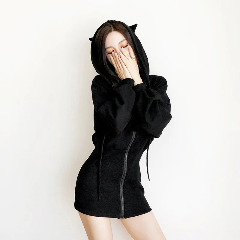  Pentagram Zipper Cute Cat Ears Moon Print Hoodie Long Sweatshirt Black Women Punk Gothic Hoody Ladi