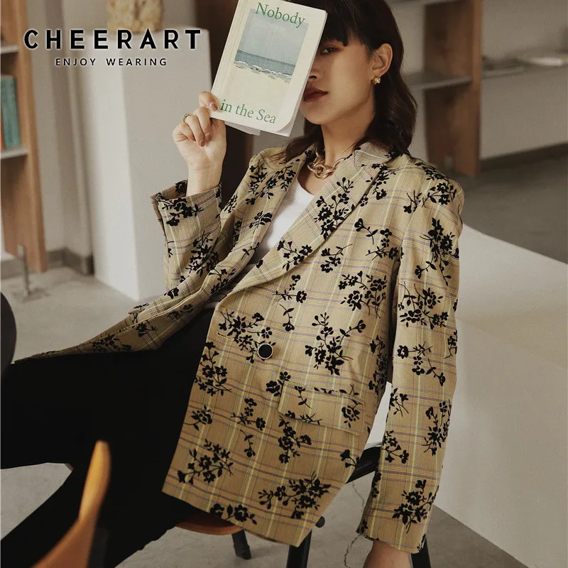  CHEERART Vintage Womens Plaid Blazer Floral Yellow Blazer And Jackets Slim Ladies Coats Fall Jacket