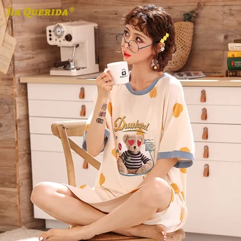 

100% Cotton Ladies Cartoon Printing Short Sleeve Printing Night Gown Night Wear Nighty Nighties for Woman Summer Sleepdress
