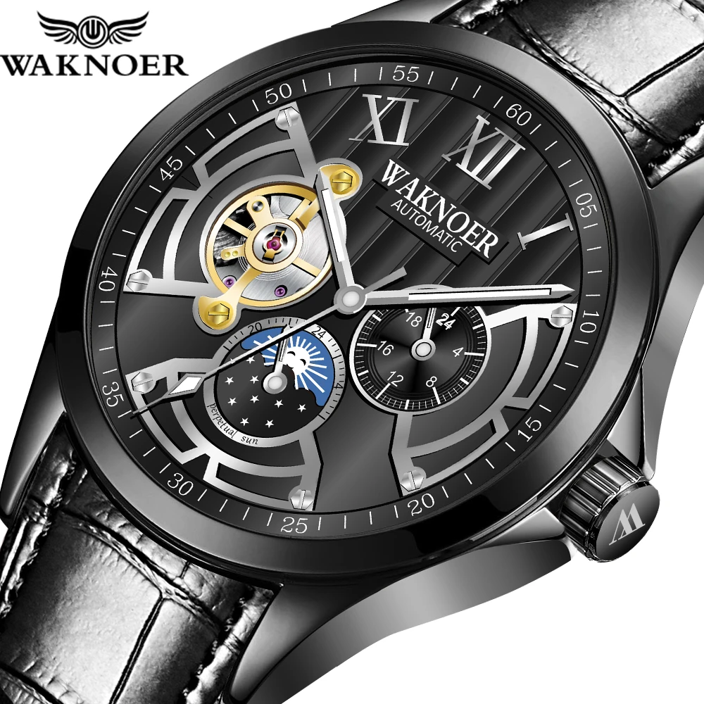 WAKNOER мужские часы Механические Турбийон роскошные модные кожаные спортивные часы мужские водонепроницаемые автоматические часы Relojes Hombre