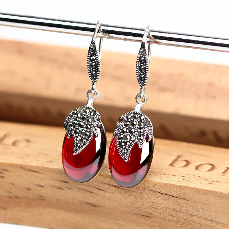

JSH Thai 925 Silver Jewelry Retro Thai Silver Garnet Earrings Earrings Ear Stud Elegant Long South Korea