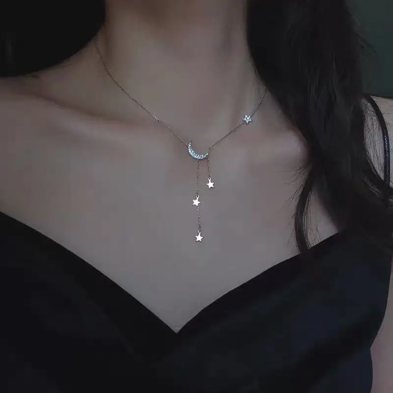 Fashion Link Chain Choker Necklaces for Women 925 Silver Crystal Moon Star Pendants Necklace Statement Jewelry dz819 | Украшения и