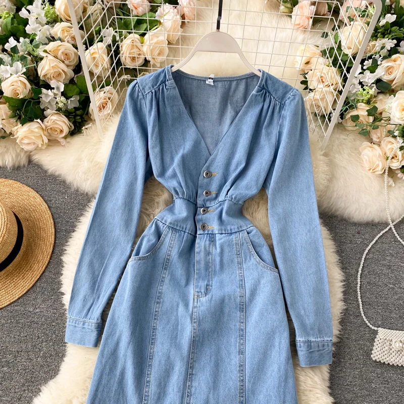 Chic Denim Dress Autumn New V-neck High Waist Buckle Slim Mid-Calf Jean Dress Vintage Slim Fit Ladies Dress J6