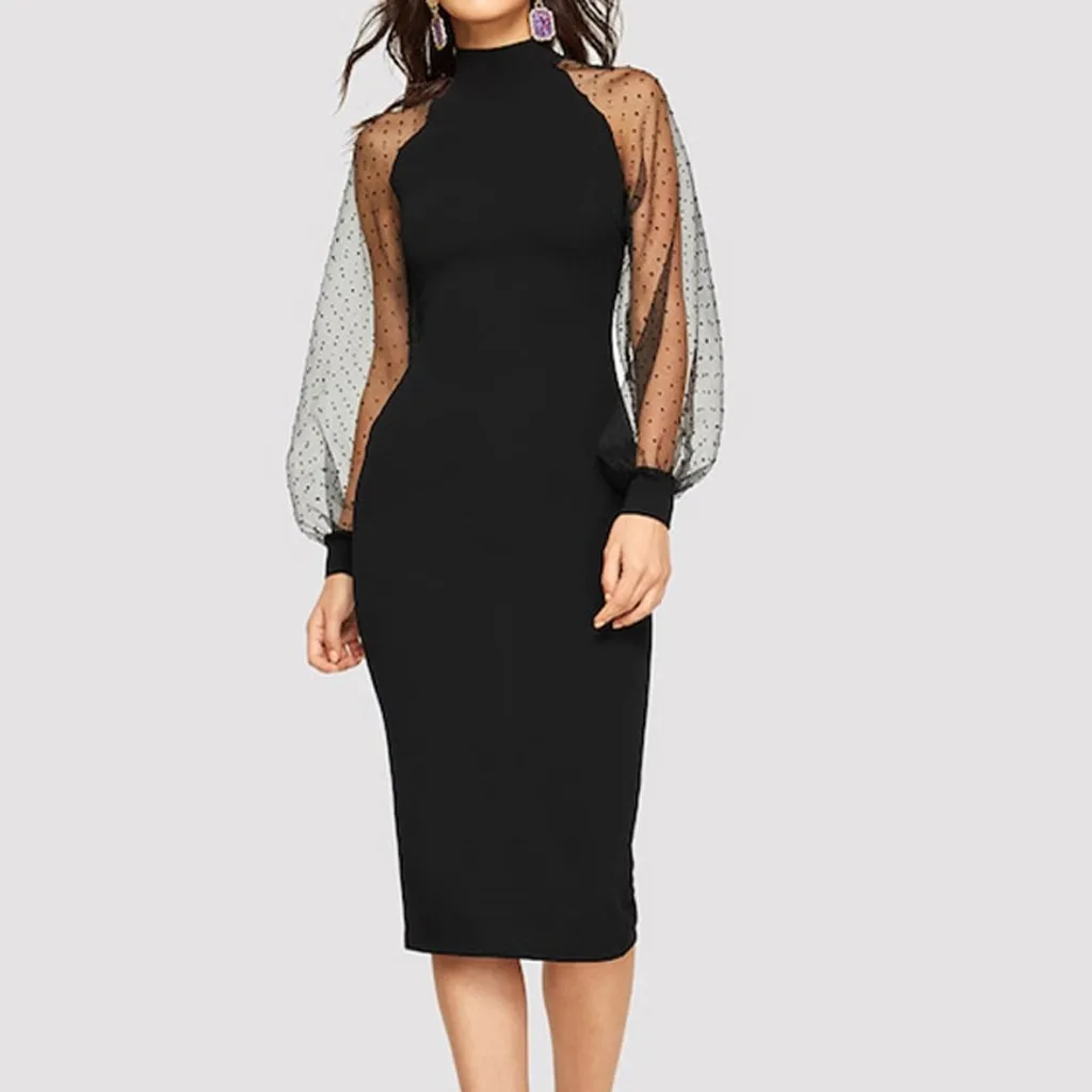 Однотонное женское платье 2019 черное модное однотонное Сетчатое с пышными