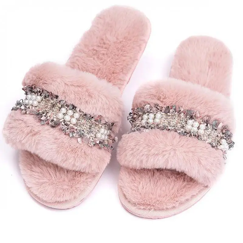 

Women Indoor Home Slippers Winter Autumn Casual House Shoes Warm Plush Cotton Slippers Pearl Non-slip Female Fluffy Slippers