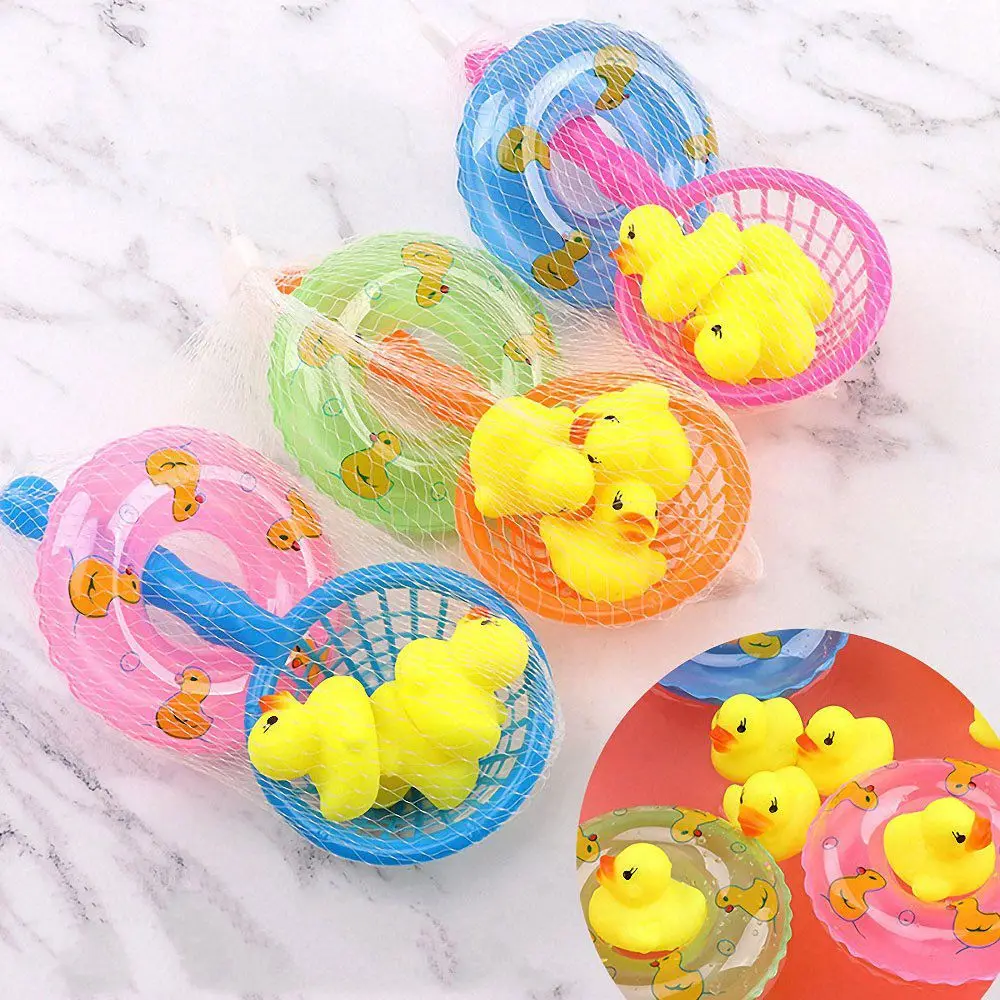 5Pcs/set kids Floating Bath Toys Mini Swimming Rings Rubber Yellow Ducks Fishing Net Washing Swimming Toddler Toys Water Fun