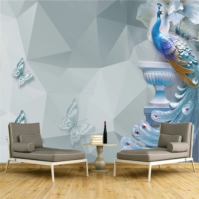 Custom wallpaper 3D large mural simple fashion peacock new Chinese background wall milofi factory custom wallpaper mural 3d modern blue peacock open screen photography background wall