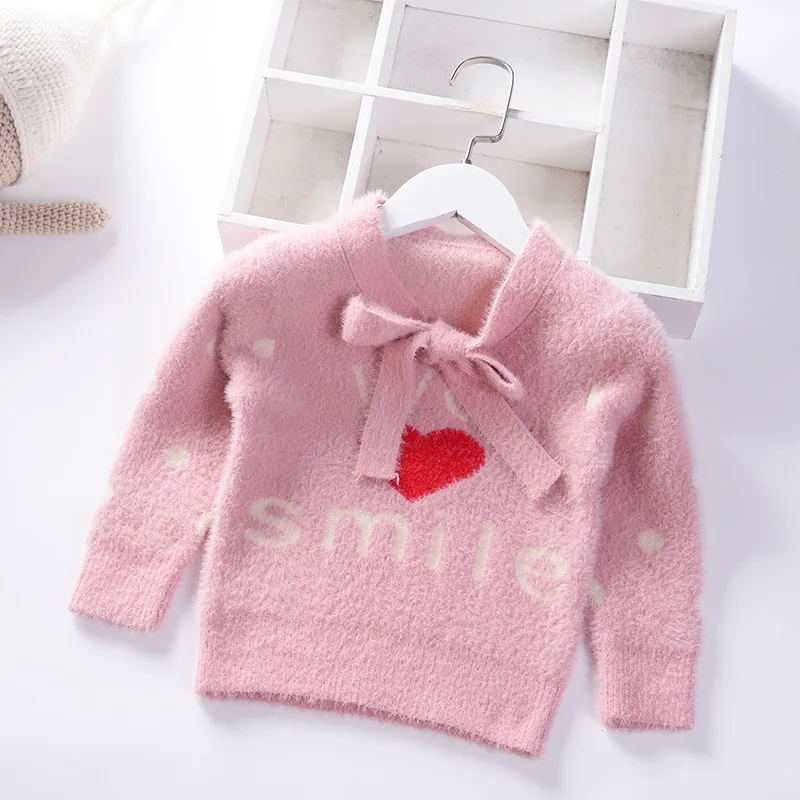 

2019 New Style Korean-style Kids' Sweater Girls College Style Cute Mink Cashmere Sweater Crew Neck Tops