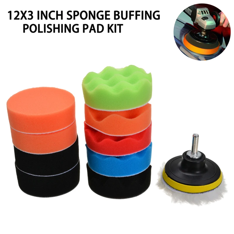 

12pcs 3'' Car Buffing Polishing Waxing Sponge Pad Kits With Drill Adapter Sponge Wool Plastic Metal
